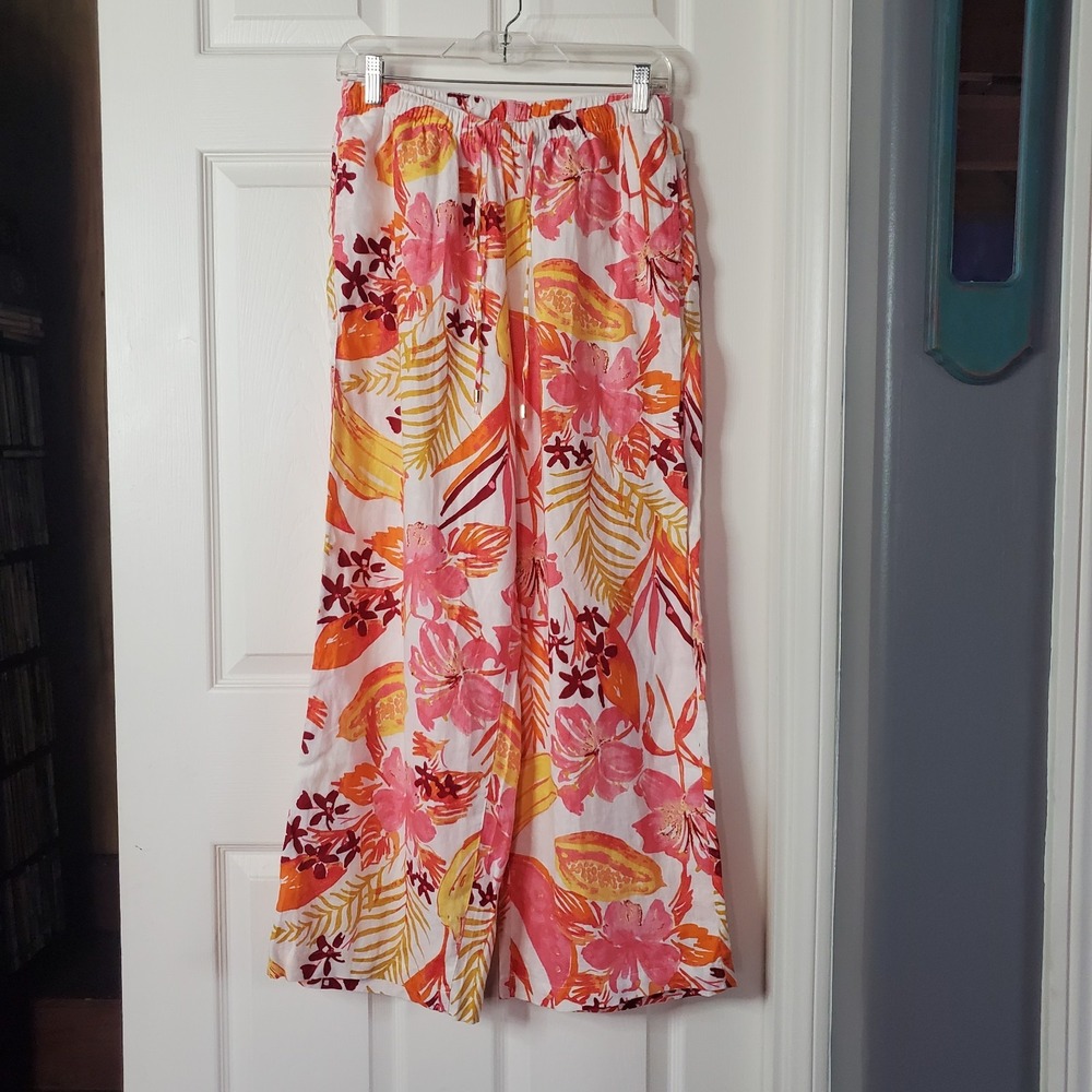 C&C 100% Linen Floral Tropical Pants Wide-leg High-waisted Pull-on Pockets Med